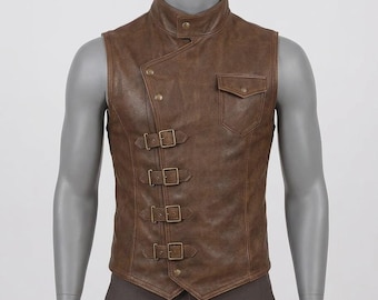 May include: Brown leather vest with a high collar and asymmetrical button closure. The vest features four buckle straps on the front and a small pocket on the chest. The vest is sleeveless and has a tailored fit.