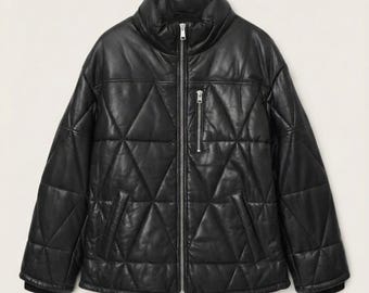 Jaqueta puffer masculina de couro preto - Casaco acolchoado com matelassê triangular - Gola alta estilo streetwear - Jaqueta de couro de inverno feita à mão