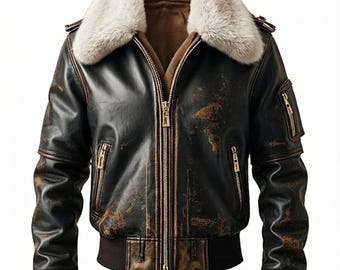 Jaqueta bomber vintage em couro envelhecido com gola de pele de carneiro - Jaqueta de aviador masculina - Casaco bomber robusto de inverno B3 - Marrom e preto