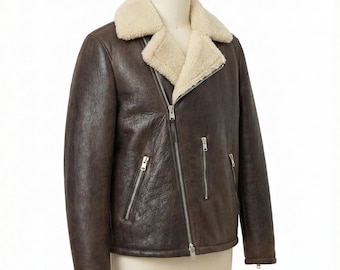 Jaqueta bomber vintage marrom desgastada estilo aviador B3 em pele de carneiro, forrada com pele sintética e gola de shearling. Casaco quente para o inverno.