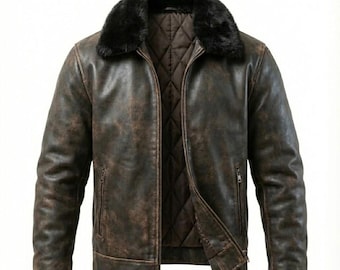 Jaqueta masculina de couro preto com efeito desgastado e forro de pele de carneiro, estilo aviador, casaco quente de inverno com capuz e gola de pele preta.