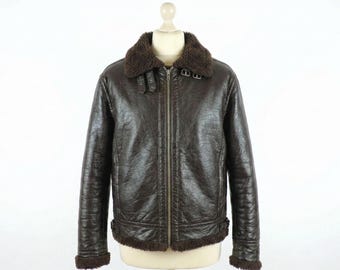 Jaqueta bomber B3 de estilo vintage em pele de carneiro marrom com forro de pele sintética e gola de shearling. Casaco quente para o inverno.