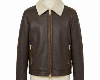 Jaqueta vintage marrom estilo aviador bomber B3 em pele de carneiro, forrada com pele sintética e gola de shearling. Casaco quente para o inverno.
