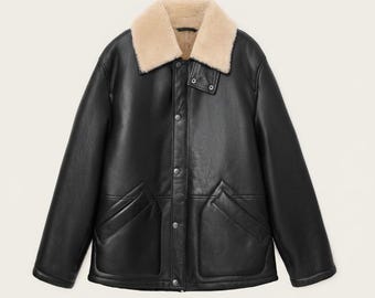 Jaqueta masculina de couro preto com forro de pele de carneiro, modelo aviador bomber em pele de carneiro genuína, casaco quente de inverno para usar no carro com gola de pele bege, presente artesanal em couro.