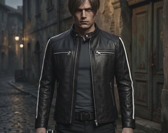 May include: A black leather jacket with white stripes on the sleeves. The jacket has a zipper closure and multiple pockets. The person in the image is wearing a gray shirt and black pants. A silver handgun is visible.