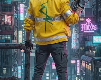 May include: A person in a yellow jacket with "EMERGENCY" and a green symbol on the back, holding a futuristic weapon. The scene is set in a neon-lit cityscape with the words "TRAUMA TEAM" visible. The person wears black pants and boots.
