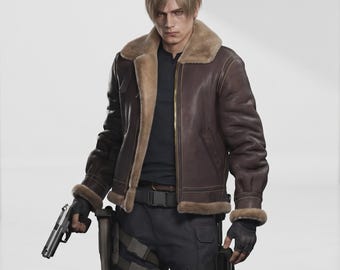 Chaqueta de cuero con forro de borrego de Leon S. Kennedy de Resident Evil 4 / Abrigo de motociclista marrón para cosplay, chaqueta inspirada en RE4 Leon Kennedy