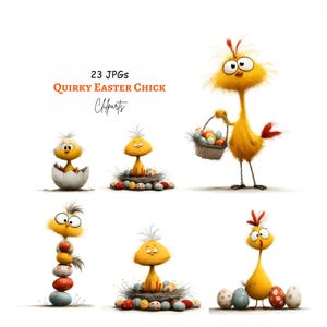 Könnte beinhalten: Eine Sammlung skurriler Illustrationen mit gelben Küken und bunten Ostereiern. Der Text "23 JPGs Quirky Easter Chick" ist zu sehen. Die Küken sind in verschiedenen Posen dargestellt, darunter eines mit einem Eierkorb.