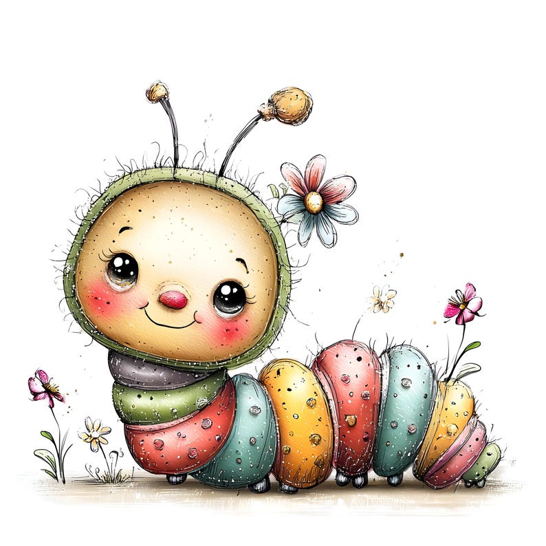 May include: A whimsical illustration of a cartoon caterpillar with a smiling face, large eyes, and rosy cheeks. The caterpillar's body is segmented in various colors, and it is adorned with flowers and antennae. The background is white.