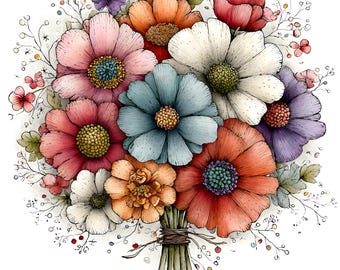 22 JPG Whimsical Spring Wildflower Bouquet Clipart, Floral Bouquet Flower Graphics