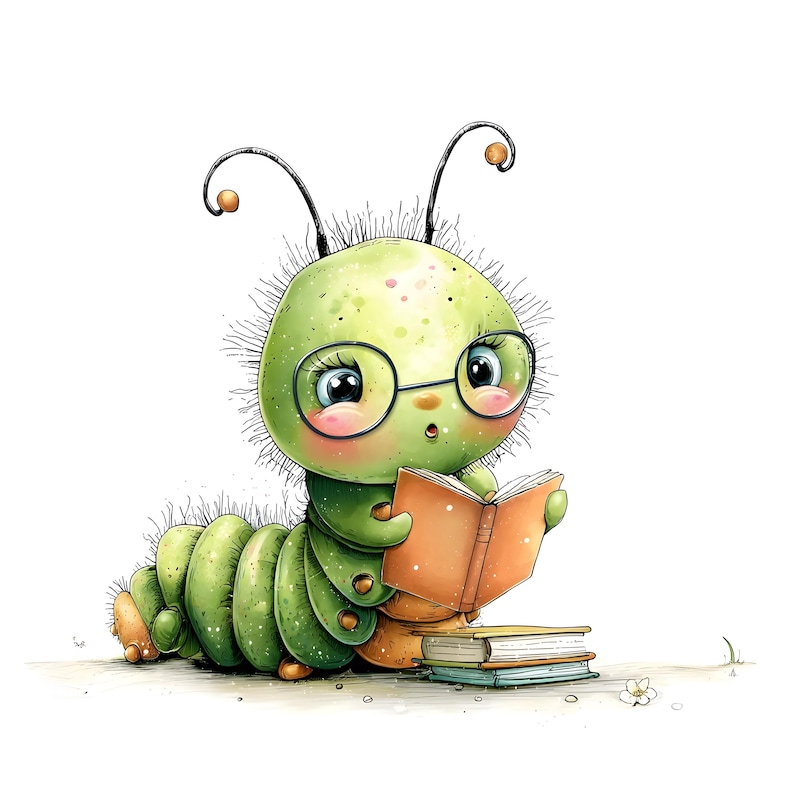 May include: A watercolor illustration of a cartoon caterpillar wearing glasses and reading a book. The caterpillar is green with a segmented body and is sitting in front of a stack of books. The book is open, with orange covers and white pages.