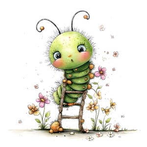 May include: A whimsical illustration of a green caterpillar with a surprised expression, climbing a wooden ladder. The caterpillar has large eyes and is surrounded by flowers in shades of pink and yellow, set against a white background.