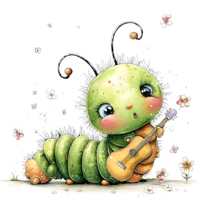 May include: A whimsical watercolor illustration of a cartoon caterpillar playing a small guitar. The caterpillar is green with a yellow-orange belly and has large blue eyes and rosy cheeks. Small pink and white flowers are scattered around the caterpillar.