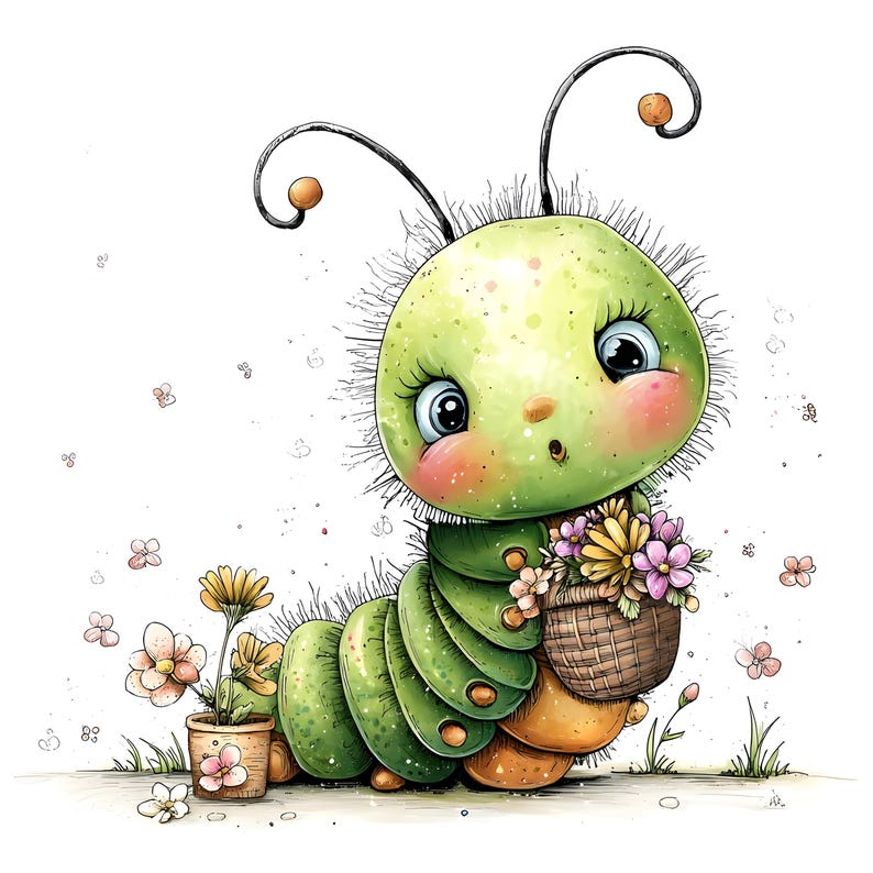 27 JPG Whimsical Spring Caterpillar Clipart, Watercolor Bug Clipart Nursery Insect Illustration image 15