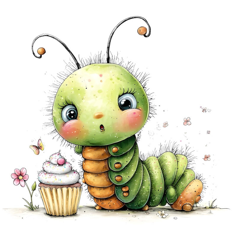 May include: A whimsical illustration of a cartoon caterpillar with a surprised expression. The caterpillar is green and orange, with large blue eyes and a cupcake. A pink flower and butterfly are also present.