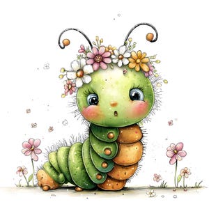 May include: A whimsical illustration of a cartoon caterpillar with a surprised expression. The caterpillar is green and orange, adorned with a floral crown. Pink flowers and small details are scattered around the caterpillar against a white background.