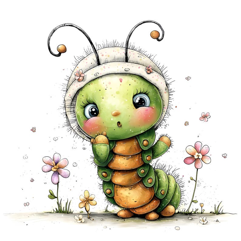 May include: A whimsical illustration of a cartoon caterpillar with a green body and a tan segmented underbelly. The caterpillar wears a white bonnet adorned with small pink flowers and has large blue eyes. Pink flowers and small details are scattered around the caterpillar.