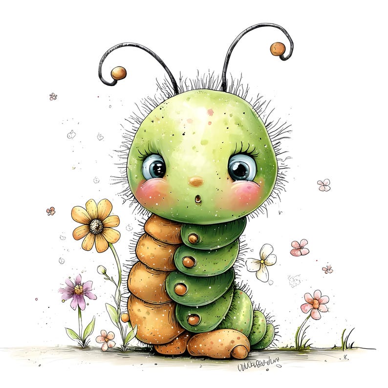 May include: A whimsical illustration of a cartoon caterpillar with a green head and body, and a tan segmented lower body. The caterpillar has large blue eyes, rosy cheeks, and is surrounded by flowers. The style is soft and colorful.