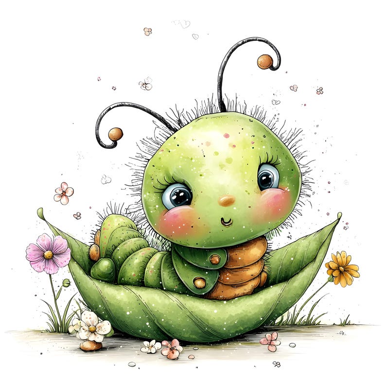 27 JPG Whimsical Spring Caterpillar Clipart, Watercolor Bug Clipart Nursery Insect Illustration image 2