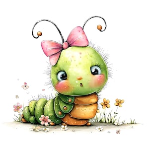May include: A whimsical illustration of a cartoon caterpillar with a green body, orange belly, and a pink bow. The caterpillar has large blue eyes, rosy cheeks, and is surrounded by flowers and grass.