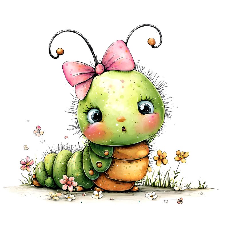 May include: A whimsical illustration of a cartoon caterpillar with a green body, orange belly, and a pink bow. The caterpillar has large blue eyes, rosy cheeks, and is surrounded by flowers and grass.