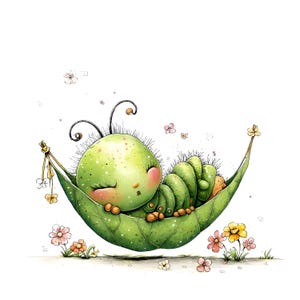 May include: A whimsical illustration of a green caterpillar sleeping peacefully in a leaf hammock. The caterpillar has a round head, pink cheeks, and closed eyes. The leaf hammock is green with a textured pattern, and the scene is decorated with small flowers.