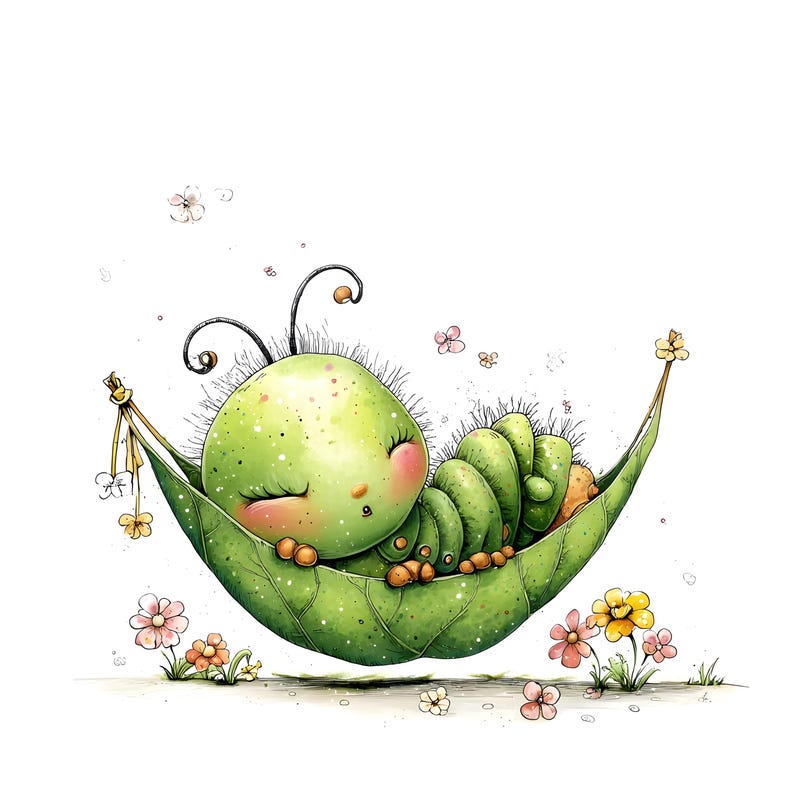 May include: A whimsical illustration of a green caterpillar sleeping peacefully in a leaf hammock. The caterpillar has a round head, pink cheeks, and closed eyes. The leaf hammock is green with a textured pattern, and the scene is decorated with small flowers.