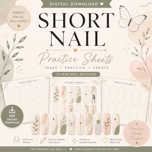 May include: A digital download of short nail practice sheets featuring 12 minimal designs. The set includes trace practice, colored examples, and create your own templates with botanical, butterfly, and geometric line art illustrations.