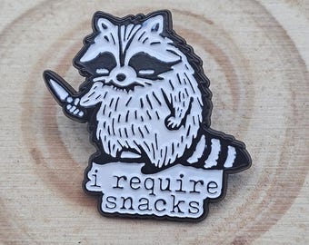 I Require Snacks Raccoon Enamel Pin, Funny Trash Panda Knife Lapel Badge