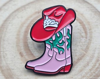 Pink Cowgirl Boots With Red Hat Enamel Pin, Western Rodeo Lapel Badge