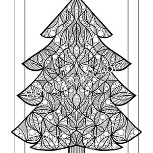 May include: Black and white Christmas tree coloring page with intricate patterns and a star on top. The tree is framed within a rectangular border, perfect for creative coloring and holiday-themed crafts. The image is suitable for all ages.