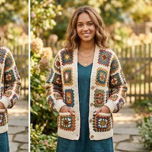 May include: A long-sleeved cardigan featuring a multi-colored granny square crochet pattern in shades of cream, rust, teal, and mustard. The garment has a cream-colored ribbed trim along the front opening, cuffs, and hem, with two front pockets.