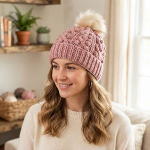 Crochet Bobble Beanie Pattern, Dusty Rose Pom Pom Hat, Textured Winter Headwear (DIY)