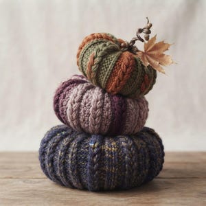 May include: A stack of three knitted pumpkins featuring cable knit textures. The top pumpkin is olive green and orange with a dried maple leaf stem. The middle pumpkin is a muted mauve, and the bottom pumpkin is a dark navy blue with gold flecks.