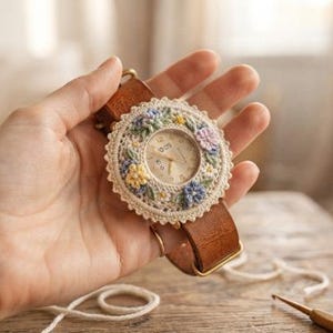 May include: A wristwatch featuring a brown leather strap and a circular face surrounded by a cream-coloured crocheted border decorated with small, colourful embroidered flowers in shades of yellow, blue, pink, and green, with gold-tone hands.