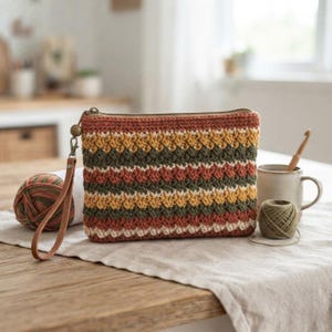 Könnte beinhalten: Eine rechteckige Häkeltasche mit Reißverschluss und horizontalen Streifen in den Farben Rostorange, Senfgelb, Olivgrün und Creme. Die Tasche verfügt über eine beigefarbene Lederschlaufe, die an einem Metallreißverschluss befestigt ist.