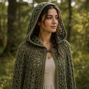 May include: An olive green crocheted hooded cape featuring an openwork lattice pattern and a decorative antique brass-toned metal clasp at the neckline. The garment is worn over a simple light beige top, showcasing the intricate yarn texture.