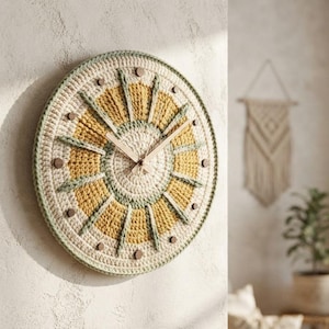 May include: A circular wall clock featuring a crocheted face with a sunburst pattern in shades of cream, mustard yellow, and sage green. The clock includes thin, light-colored wooden hands and small, round wooden markers at each hour position.