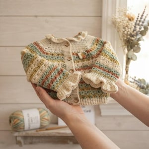 Crochet Baby Cardigan Pattern, Striped Newborn Sweater PDF, Ruffled Collar Jacket Tutorial, Instant Download