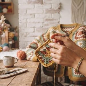 May include: A square crochet motif in shades of yellow, green, and red being worked with a metal hook. On the wooden table are several balls of yarn in yellow, green, and white, a ceramic mug, and a crochet cardigan with a granny square pattern.