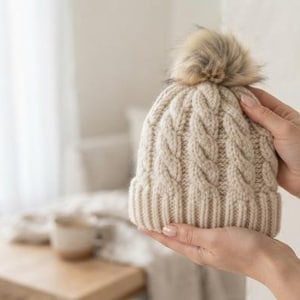 May include: A cream-coloured knit beanie featuring a thick cable knit pattern, a ribbed cuff at the base, and a fluffy faux fur pom-pom attached to the top. The hat is constructed from a soft yarn material with a consistent light beige tone.