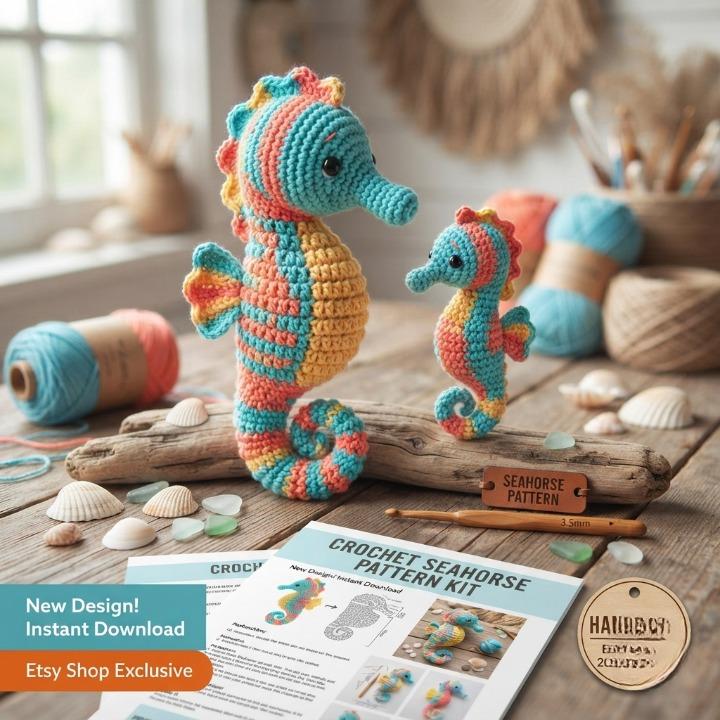 30 Seahorse Crochet Patterns to Make for Ocean-Inspired Gifts, Nursery Decor, and... 3 Colorful Parent and Baby Seahorse Set
