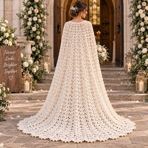 May include: A floor-length, off-white crochet cape featuring an intricate, repeating diamond-shaped pattern. The garment drapes from the shoulders to the ground, ending in a scalloped hem adorned with small, round, pearl-like beads along the edge.