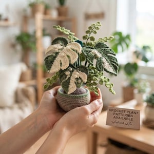 May include: A crocheted potted plant featuring variegated monstera leaves in shades of dark green and cream, accompanied by smaller fern-like foliage. The plant is set in a round, textured, light brown crocheted pot. A small sign reads CROCHET PLANT PATTERIBN AVAILABLE.