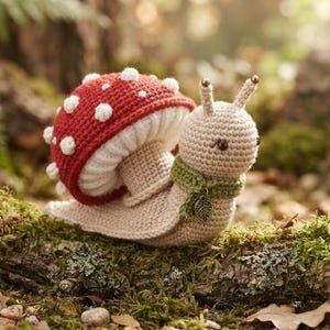 May include: A beige crochet snail with a red mushroom cap shell featuring white polka dots. The snail has two antennae, a small green scarf around its neck, and a tiny leaf-shaped charm attached to the scarf, all crafted in yarn.
