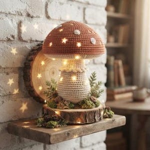 May include: A crochet mushroom lamp with a rust-colored cap featuring star-shaped cutouts and white circular accents. The stem is cream-colored, resting on a circular wood slice base surrounded by green moss and small pinecones with warm fairy lights.