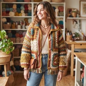 May include: A long-sleeved, button-up cardigan made of multi-colored crochet granny squares in shades of mustard yellow, rust orange, cream, and teal. The garment features a collared neckline, a fringe hem, and a small brown leather crossbody bag.