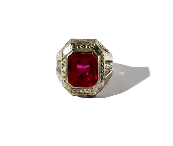 10K WHITE GOLD Art Deco Red Stone Ring,Vintage 10… - image 1