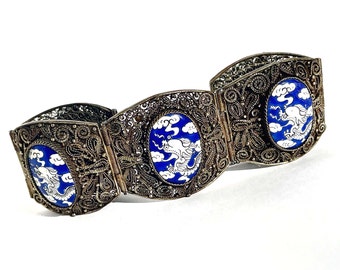 Vintage Chinese Filigree Porcelain Bracelet, Dragon Design