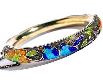 Vintage Chinese Enamel Sterling Silver Bangle, Bird Floral Design